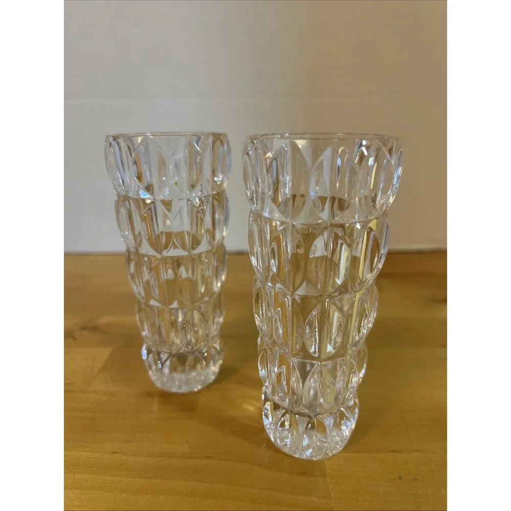 2 Fostoria Heavy Lead Crystal Bud Vases In 3D Oval Bands, 4.75